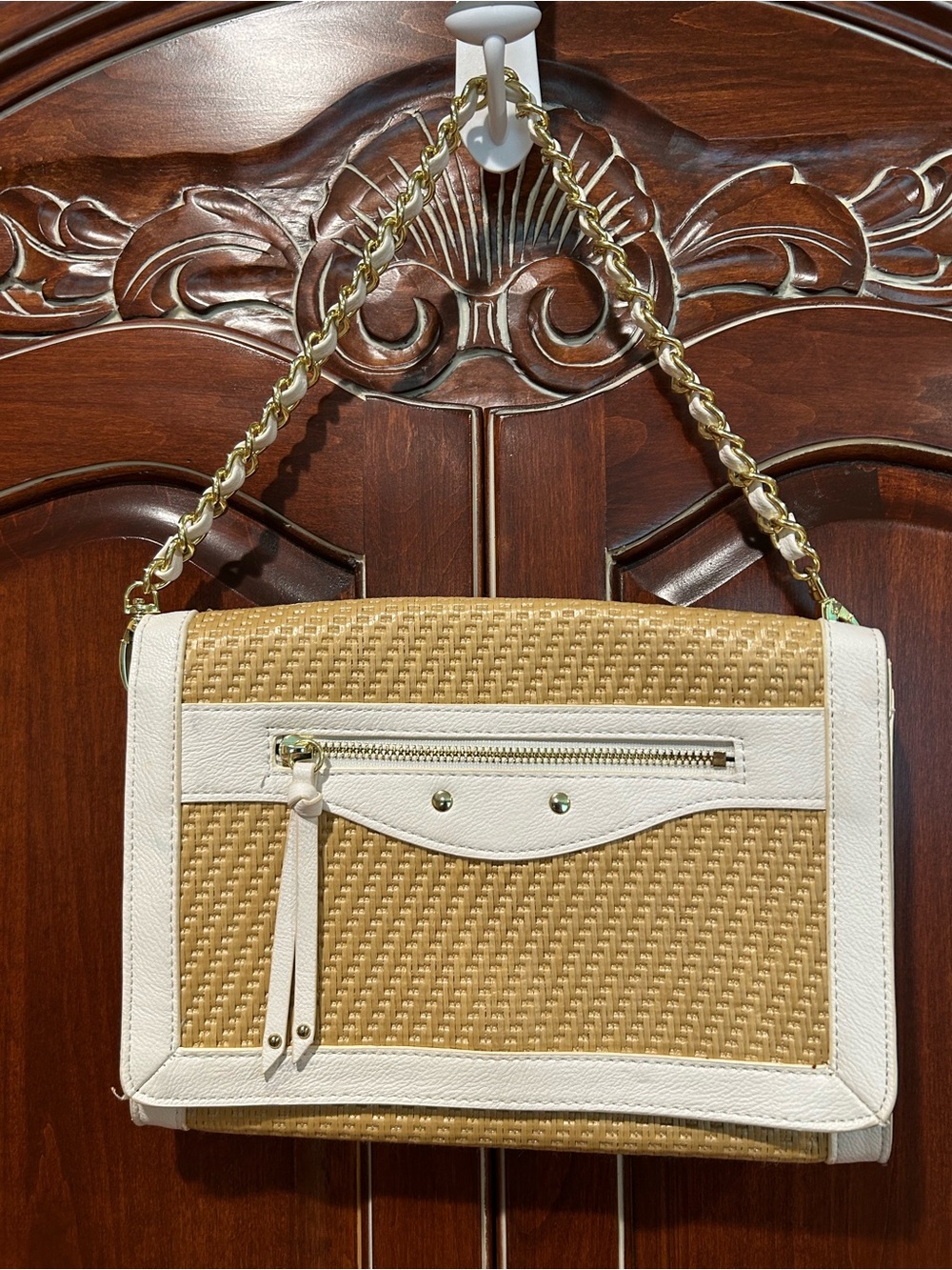 Olivia + Joy Tan Woven Shoulder Bag with White Trim & Gold Chain